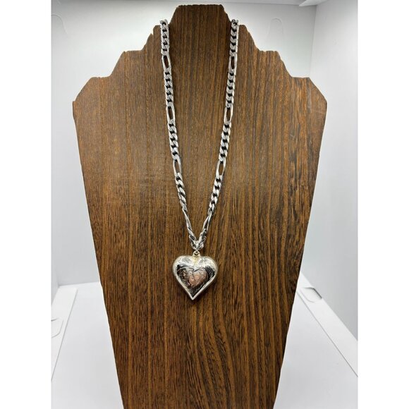 Sterling Silver Rope Necklace and Puffed Heart Pendant 18" Chain Link 52 Grams - Picture 2 of 10
